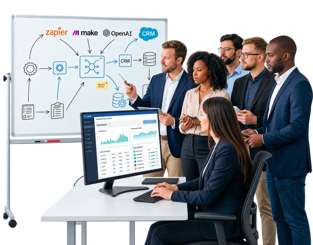 Diagrama de integración de sistemas, CRM y automatización con IA para empresas